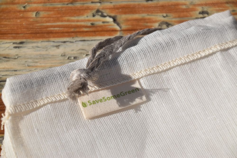 Close-up of organic hemp fabric, stitching and drawstring